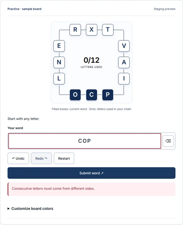 Play Letter Boxed keeps COP in the input and explains that consecutive letters must come from different sides.