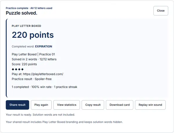 Winning result with Share result, Copy result and Download card controls.