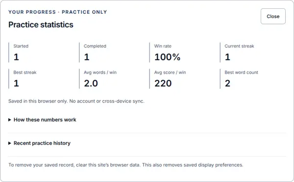 Practice statistics after one completed two-word attempt.